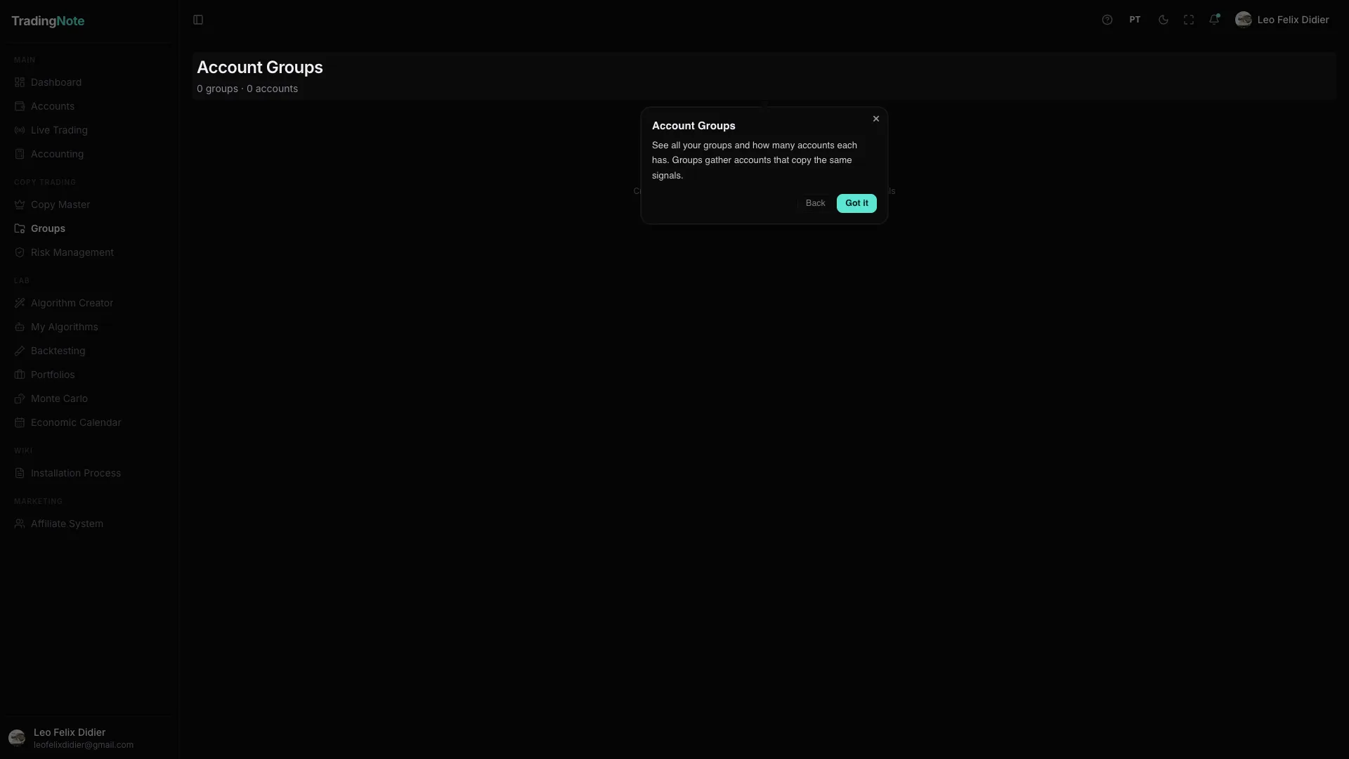 Pantalla de Grupos de cuentas