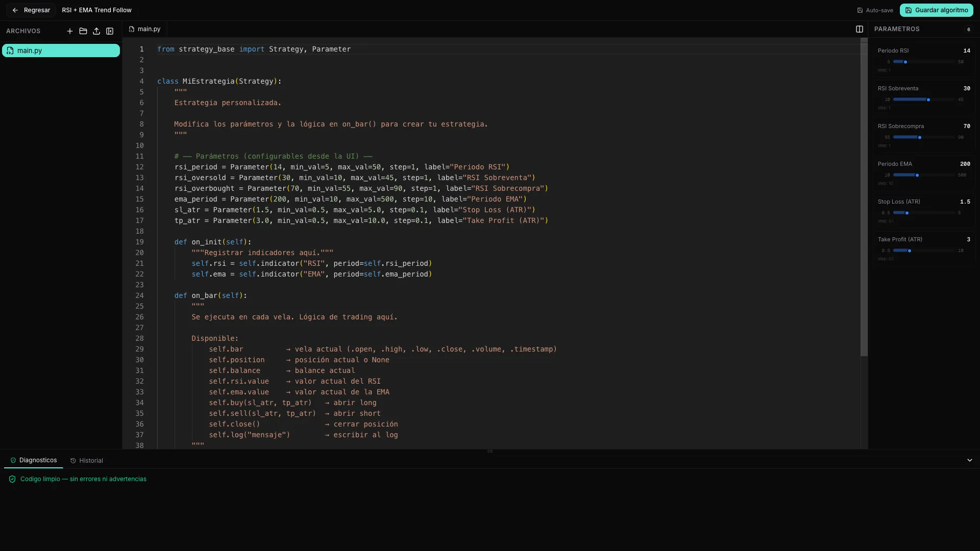 El IDE interno de TradingNote con editor Python