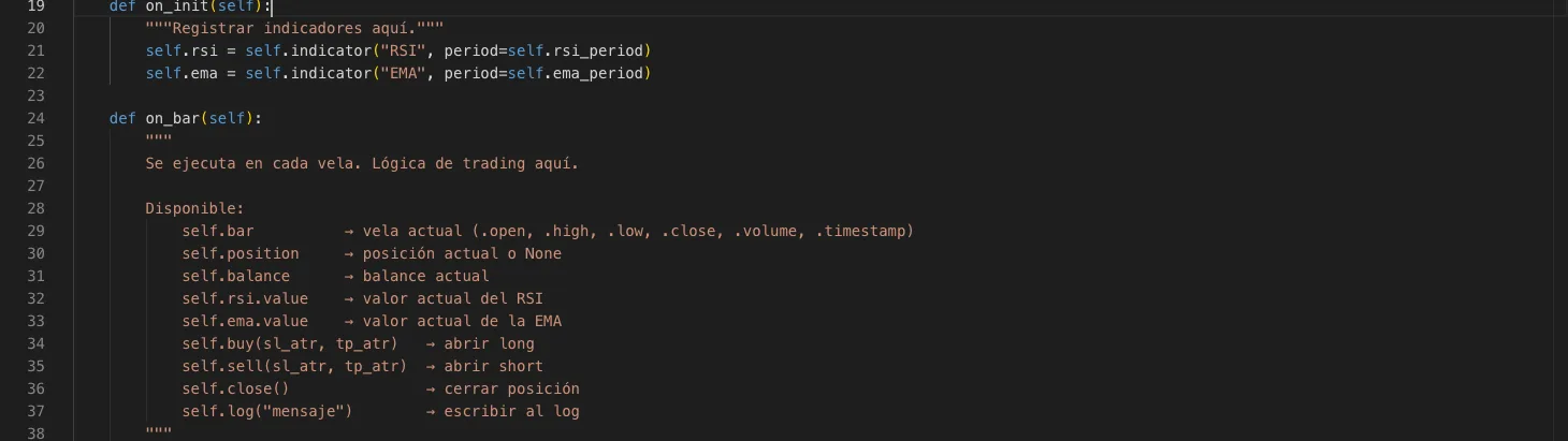 La API de trading dentro de on_bar() en el IDE