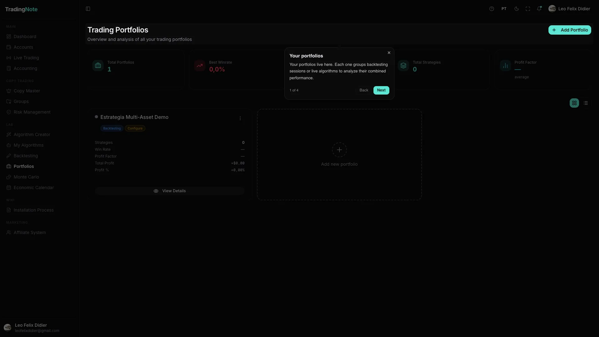 Detalle de un portafolio con sus algoritmos y configuración